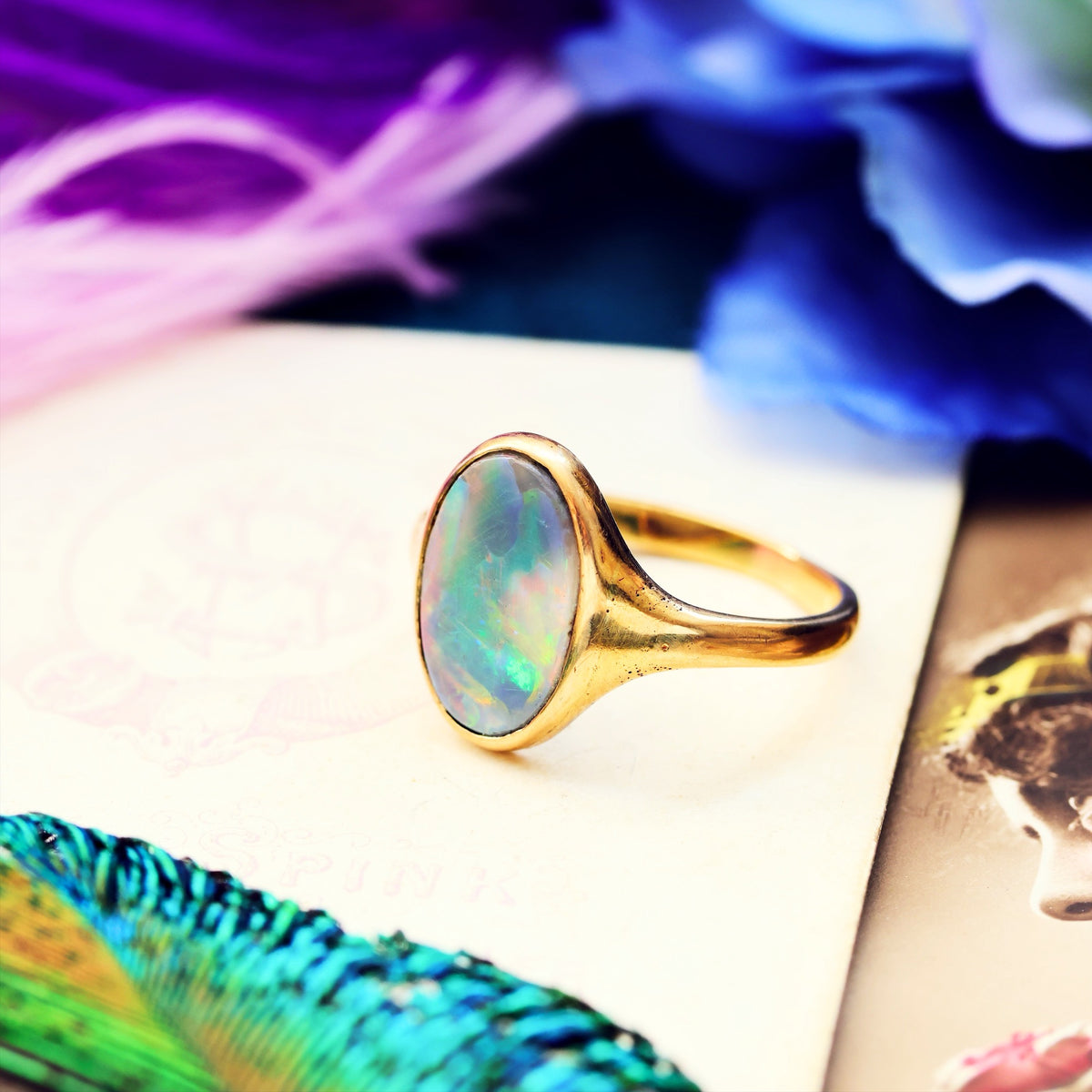 Antique Fiery Magic Black Opal Ring