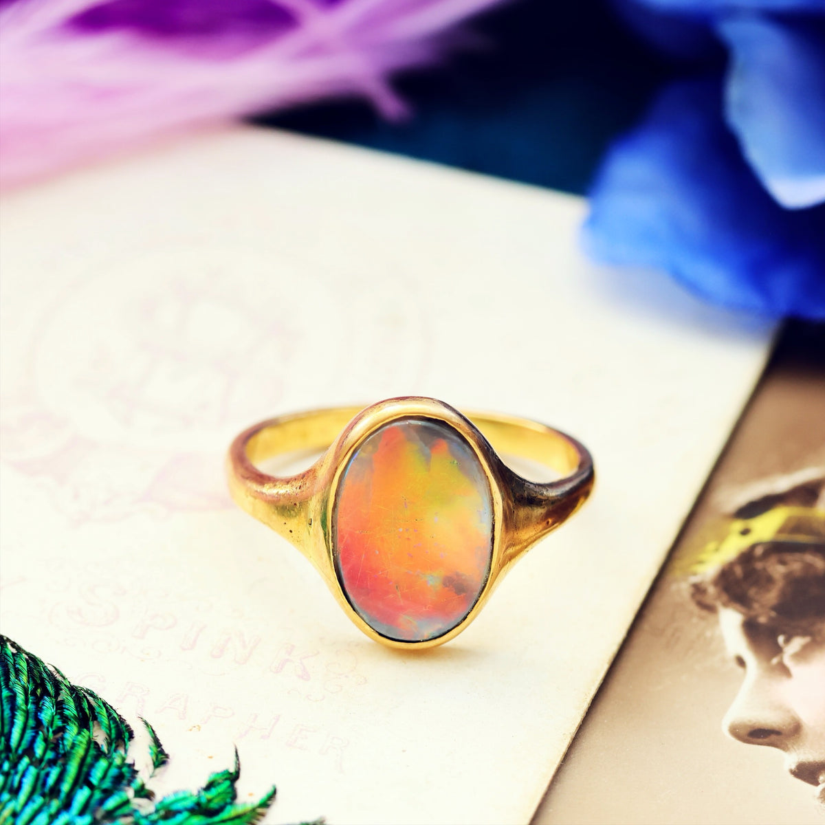 Antique Fiery Magic Black Opal Ring