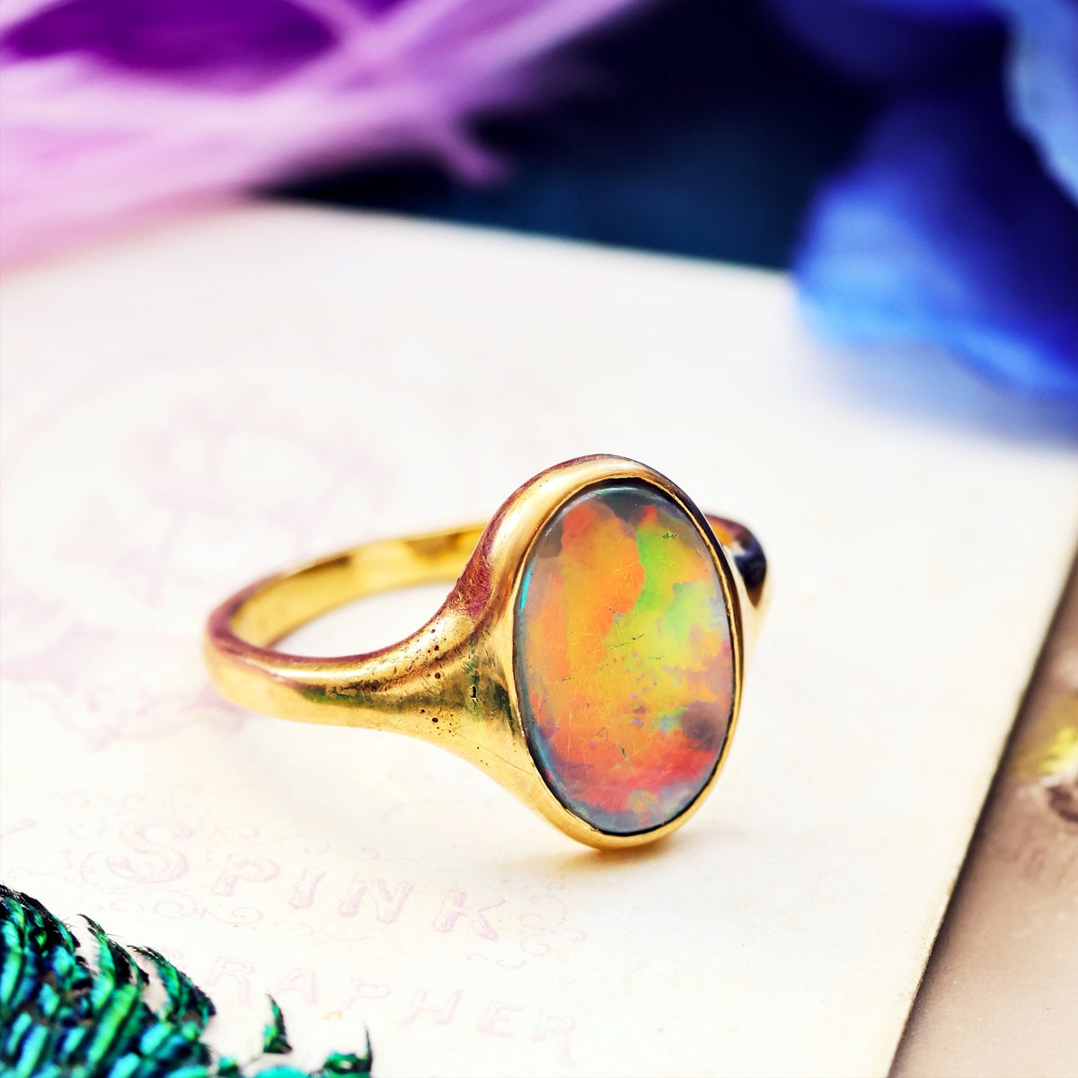 Antique Fiery Magic Black Opal Ring