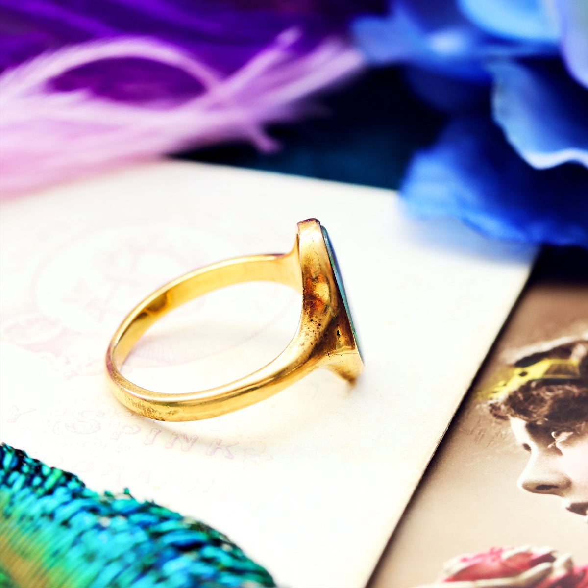 Antique Fiery Magic Black Opal Ring