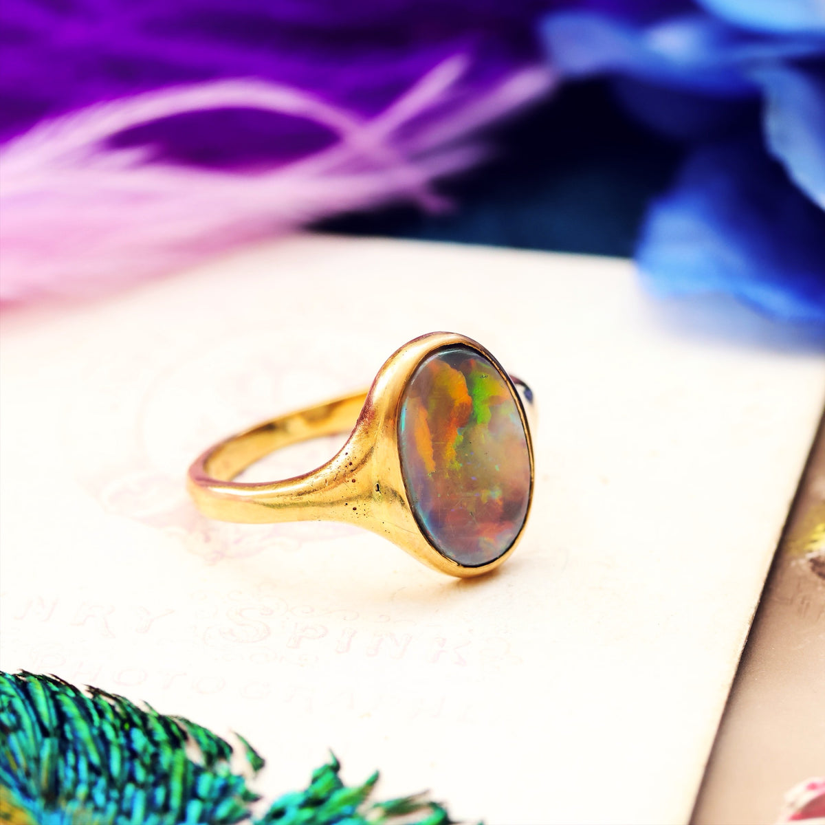 Antique Fiery Magic Black Opal Ring
