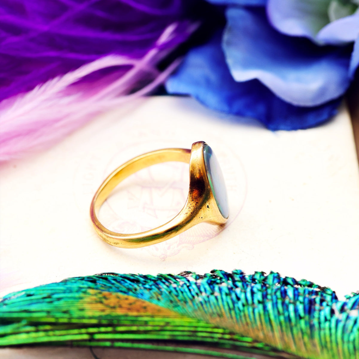 Antique Fiery Magic Black Opal Ring