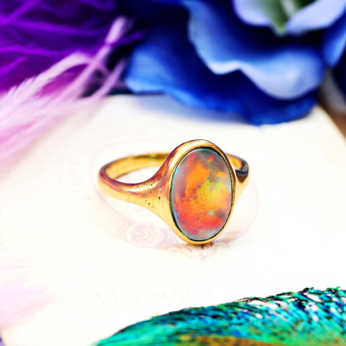 Antique Fiery Magic Black Opal Ring