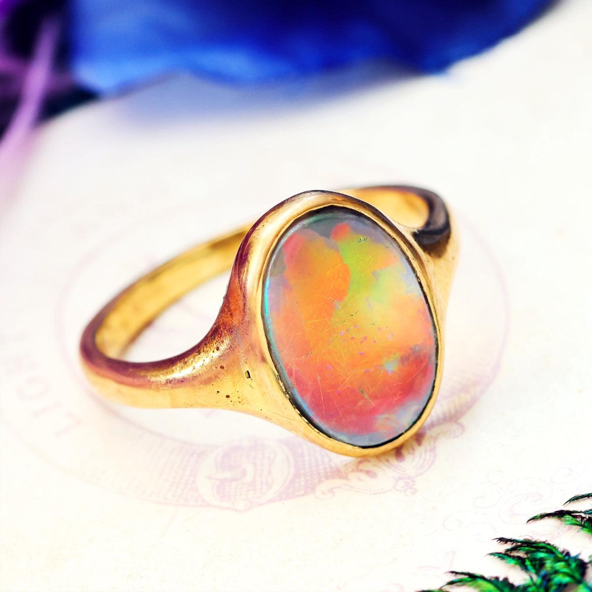 Antique Fiery Magic Black Opal Ring
