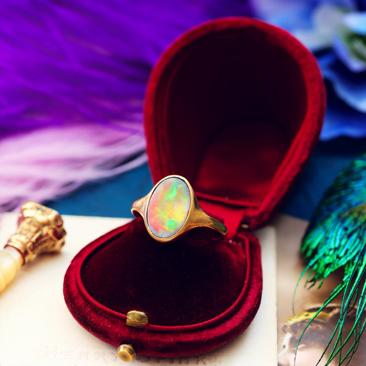 Antique Fiery Magic Black Opal Ring