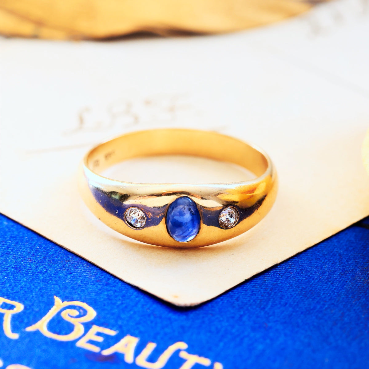 Vintage Gypsy Set Unisex Cabochon Sapphire & Diamond Band