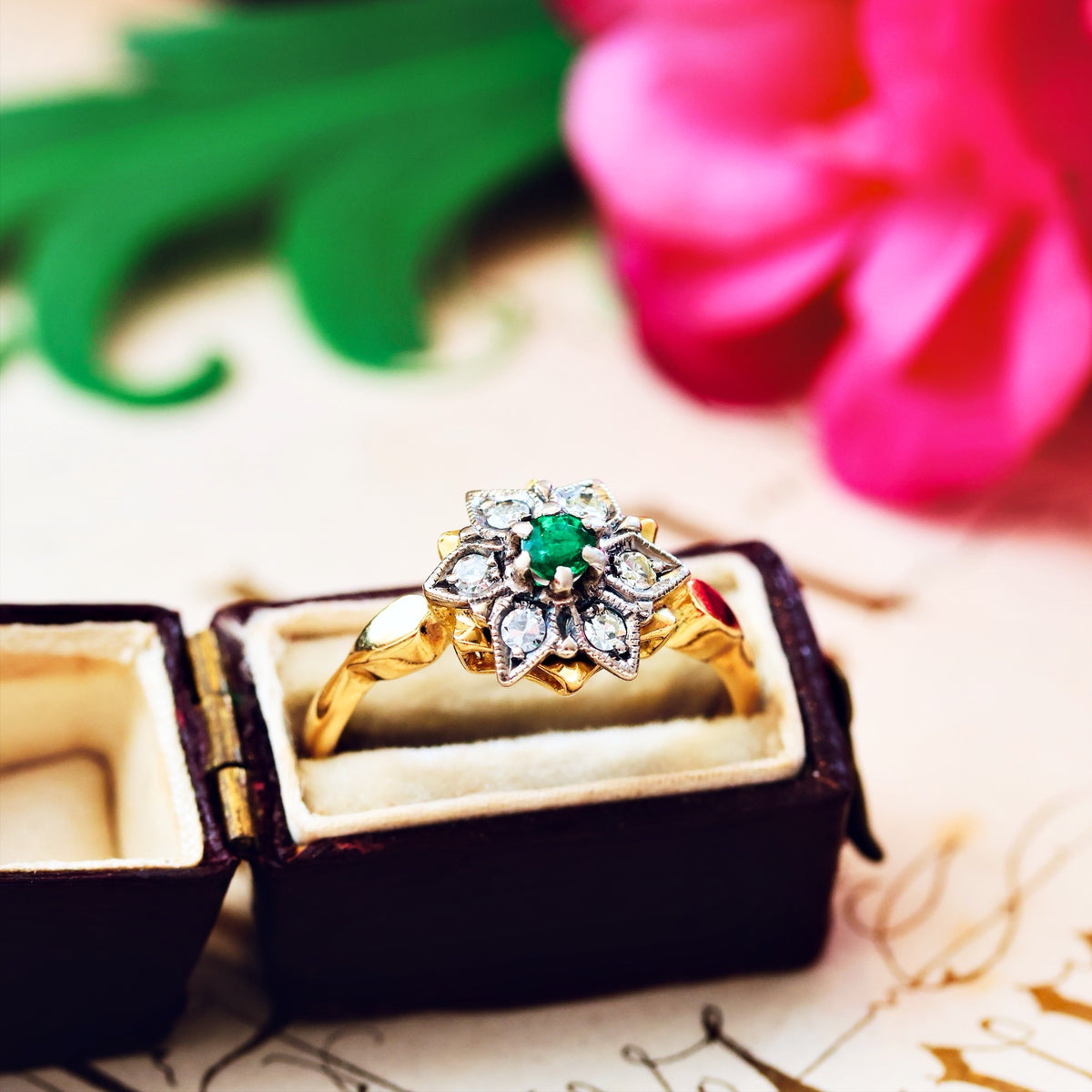 Date 1971 Vintage Emerald & Diamond Floral Engagement Ring