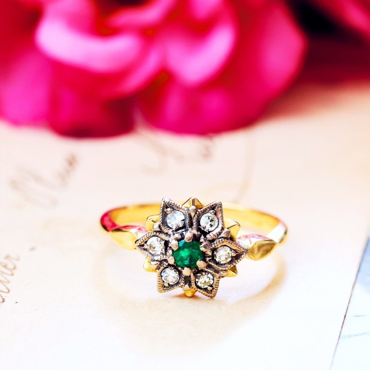 Date 1971 Vintage Emerald & Diamond Floral Engagement Ring