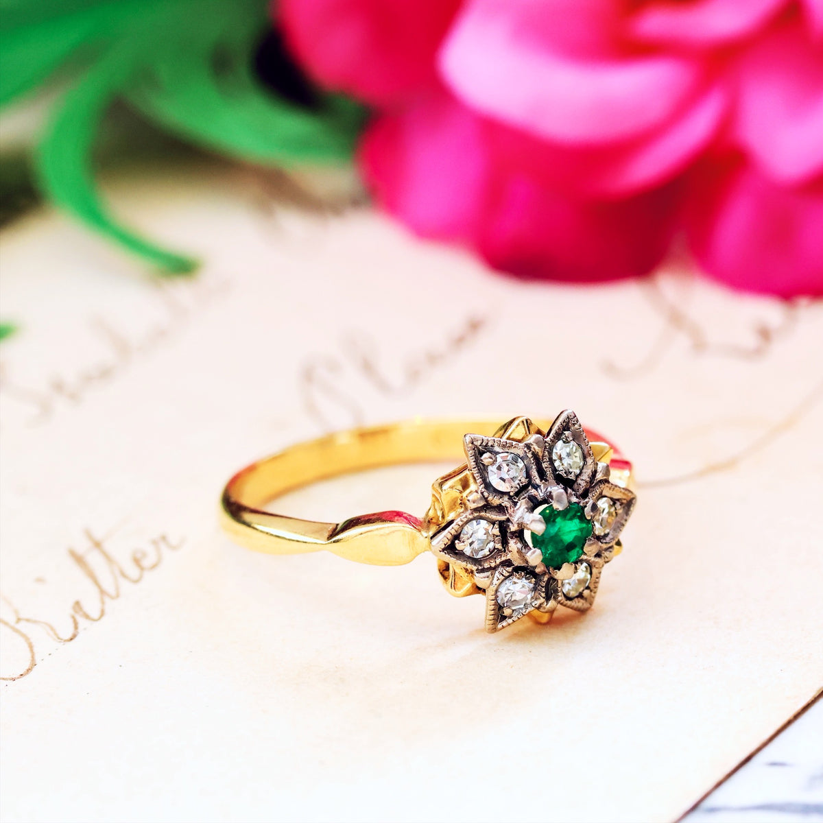 Date 1971 Vintage Emerald & Diamond Floral Engagement Ring