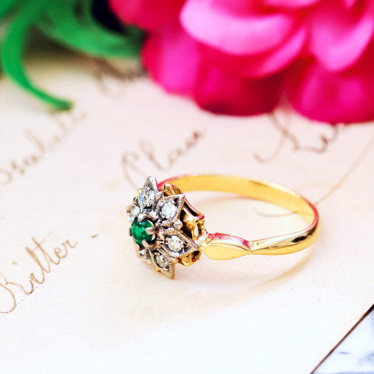 Date 1971 Vintage Emerald & Diamond Floral Engagement Ring