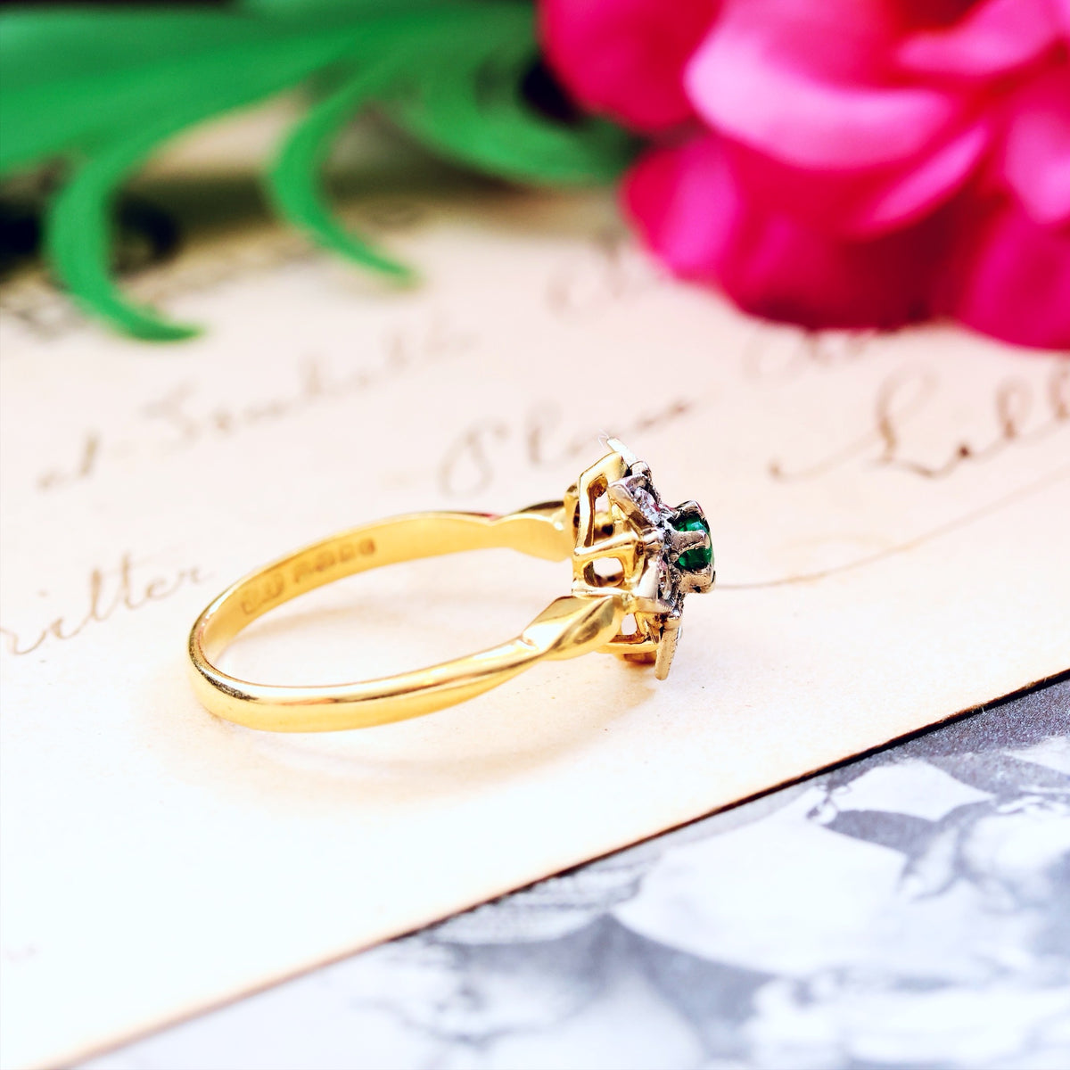 Date 1971 Vintage Emerald & Diamond Floral Engagement Ring