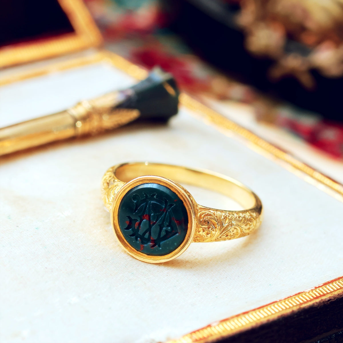 Incredible Antique 'M G' Bloodstone Intaglio Signet Ring