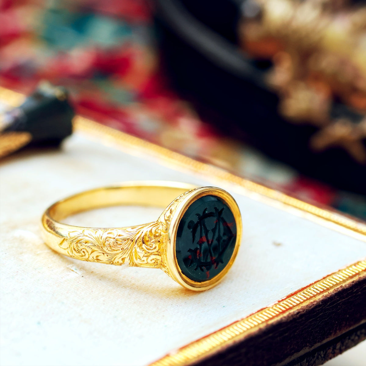 Incredible Antique 'M G' Bloodstone Intaglio Signet Ring