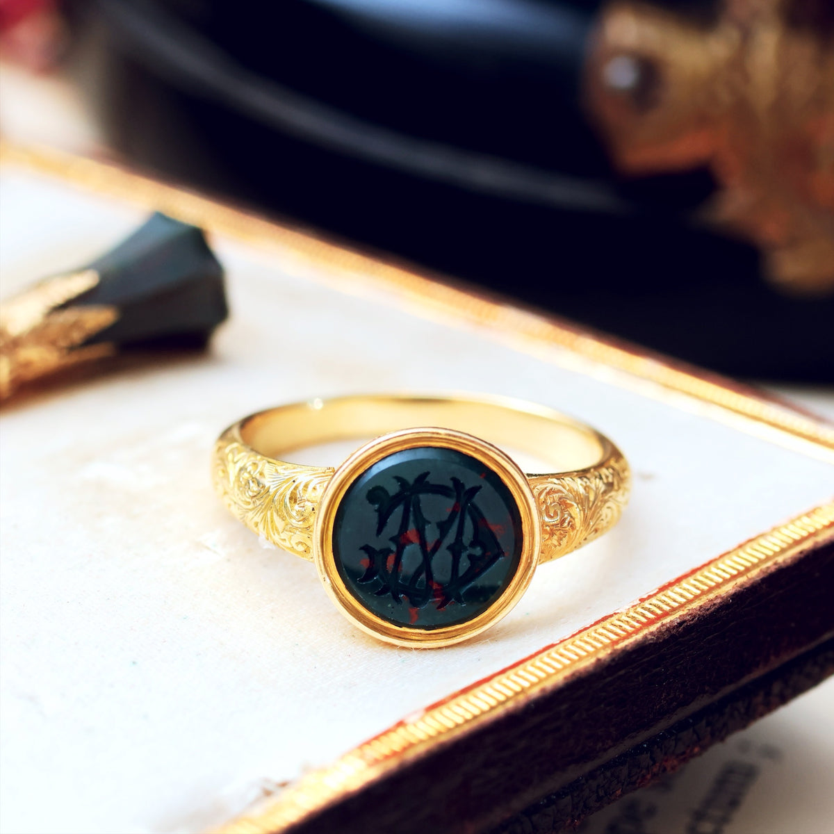 Incredible Antique 'M G' Bloodstone Intaglio Signet Ring