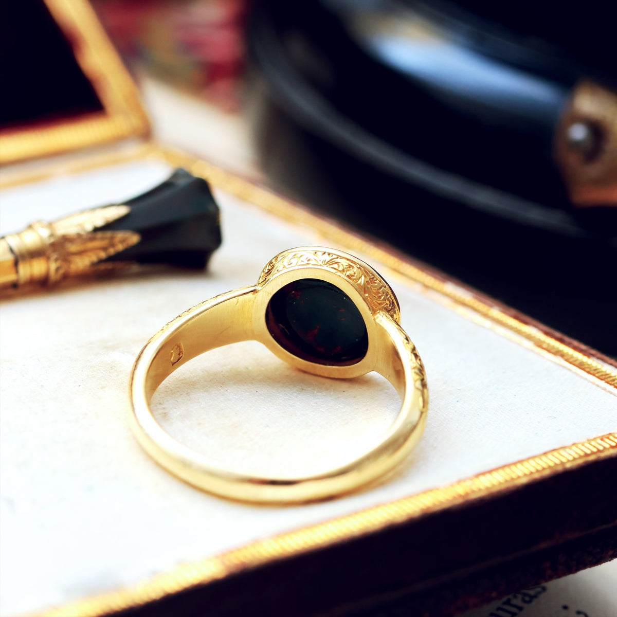 Incredible Antique 'M G' Bloodstone Intaglio Signet Ring