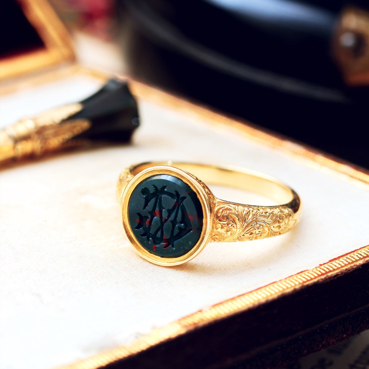 Incredible Antique 'M G' Bloodstone Intaglio Signet Ring