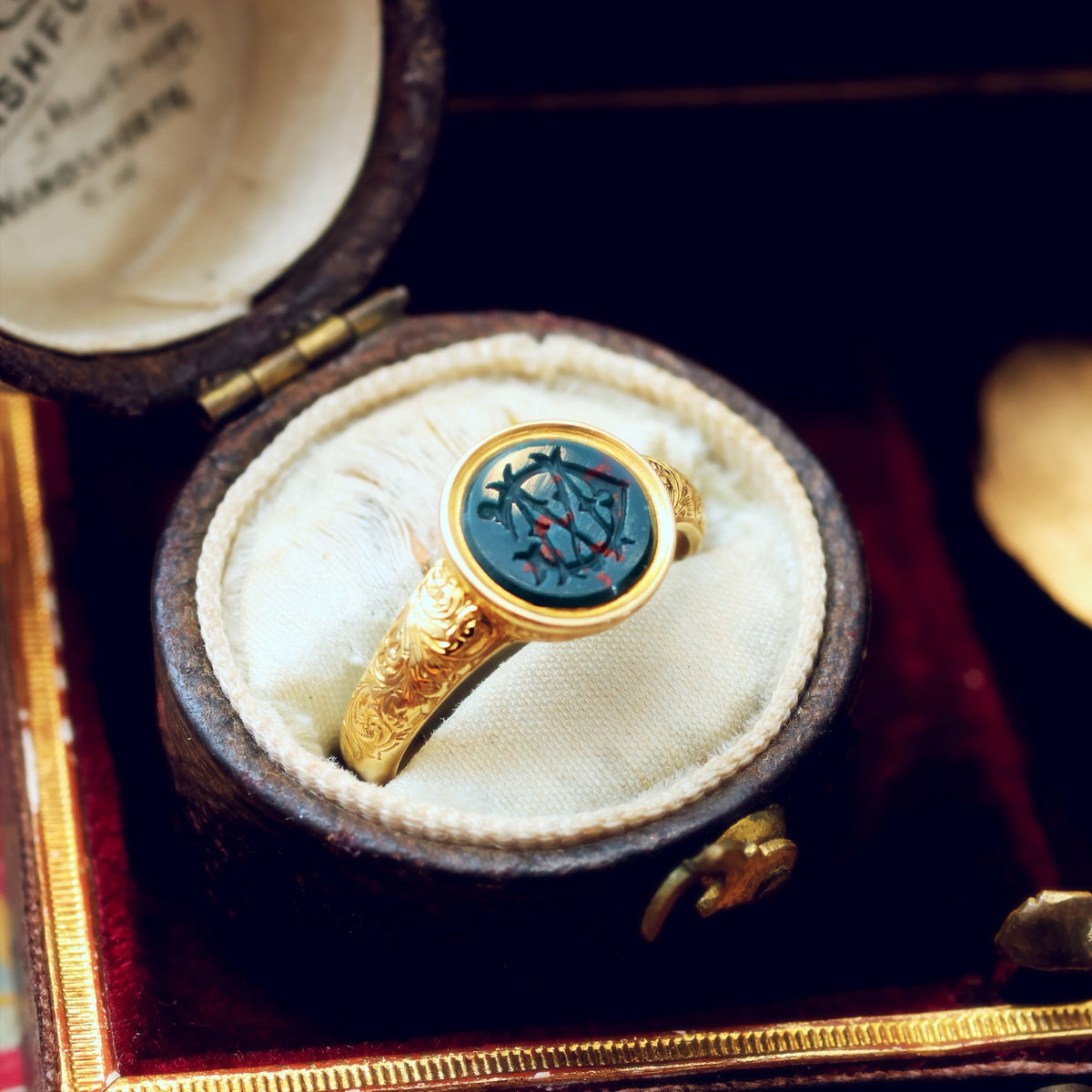 Incredible Antique 'M G' Bloodstone Intaglio Signet Ring