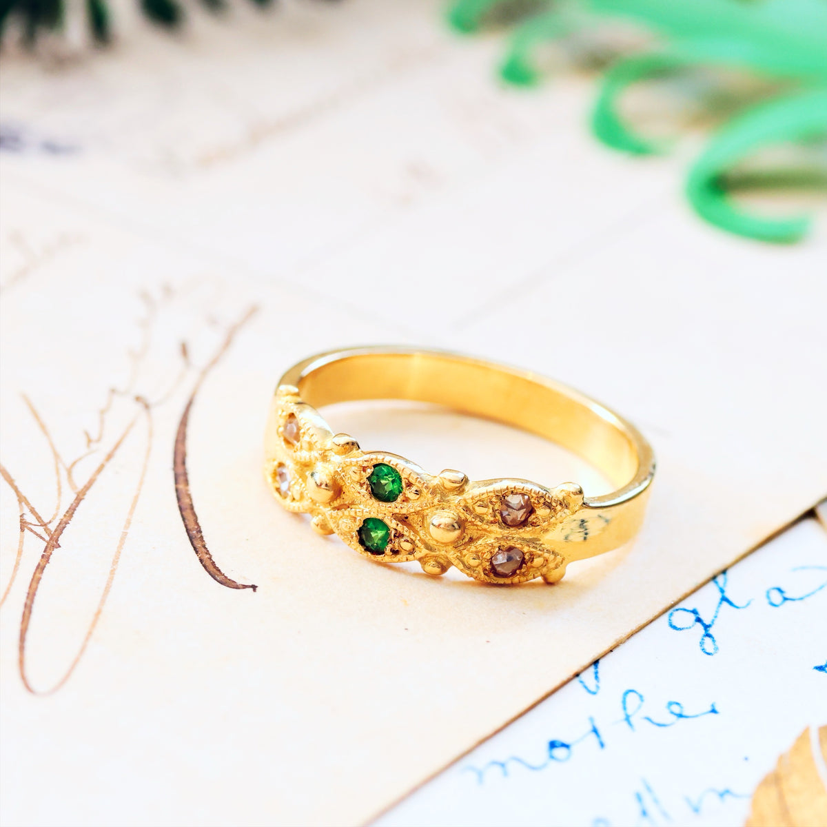 Recycled Rose Cut Diamond & Tsavorite Garnet Ring