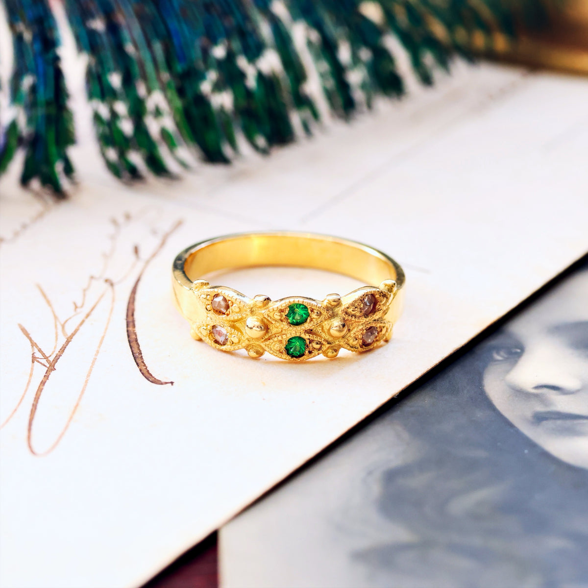 Recycled Rose Cut Diamond & Tsavorite Garnet Ring