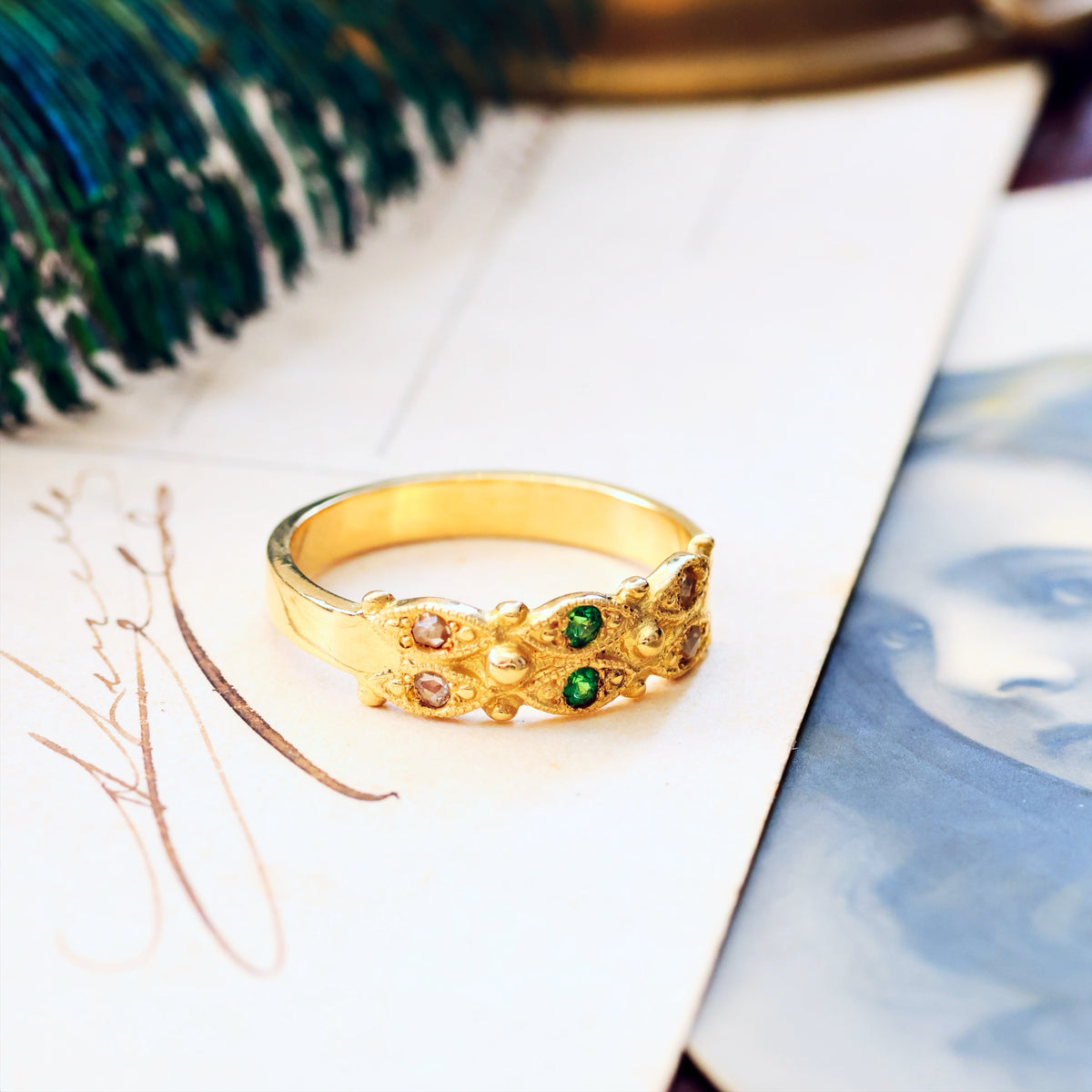 Recycled Rose Cut Diamond & Tsavorite Garnet Ring