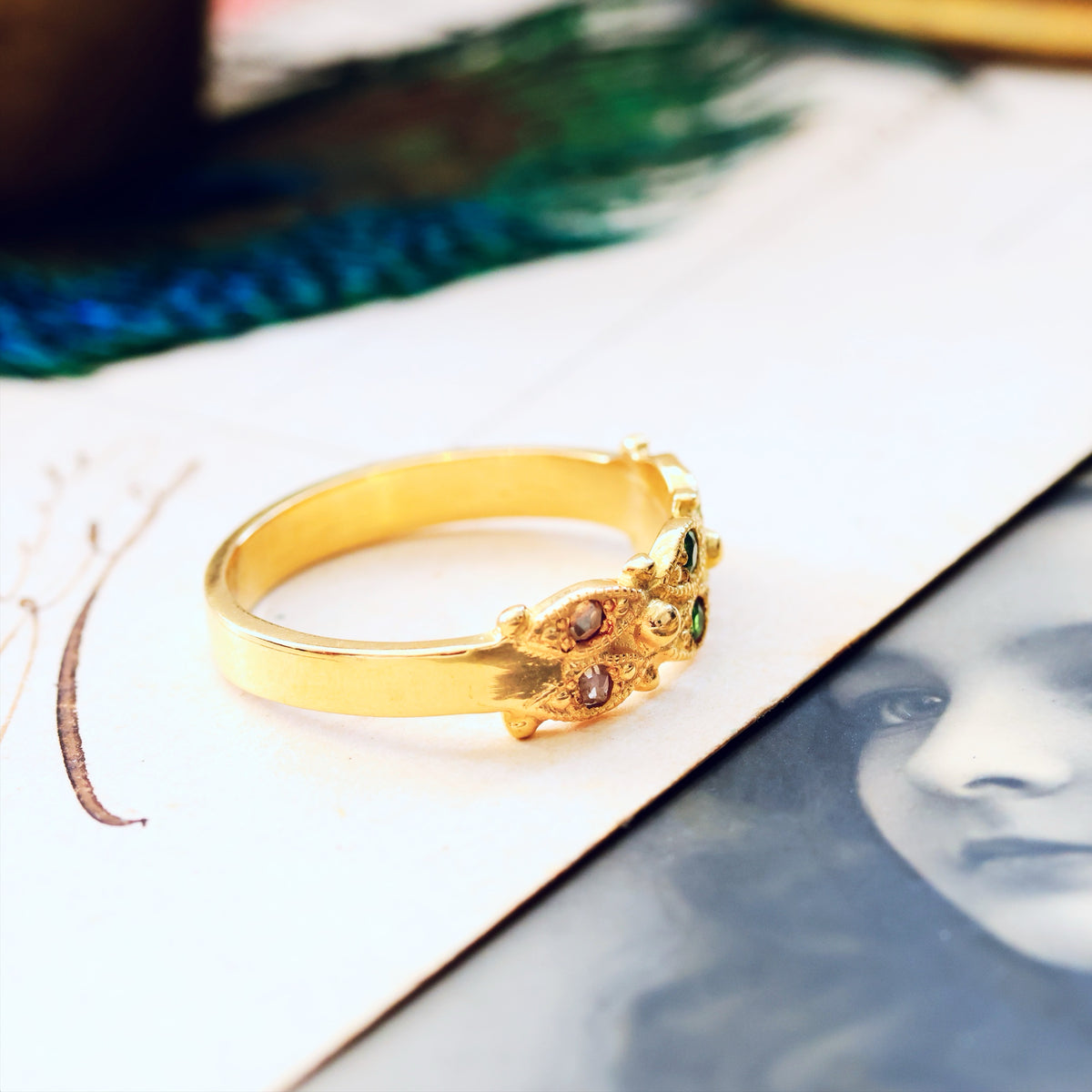 Recycled Rose Cut Diamond & Tsavorite Garnet Ring