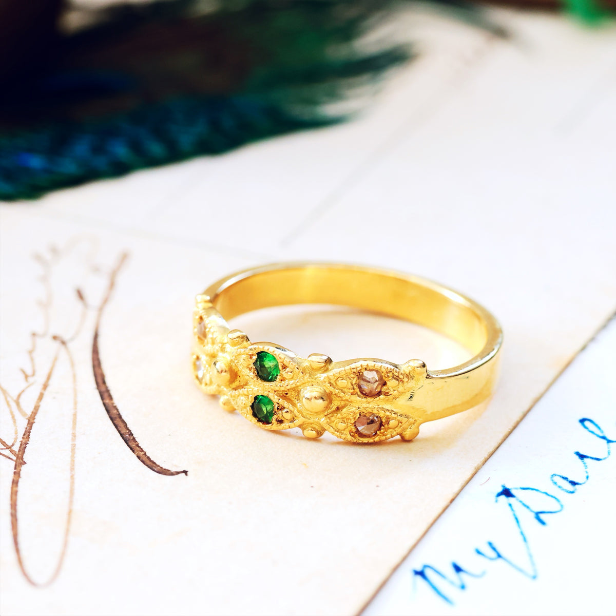 Recycled Rose Cut Diamond & Tsavorite Garnet Ring