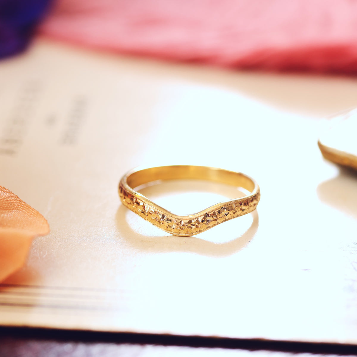 Hand Engraved Blossom Wave Shaped Wedding Band