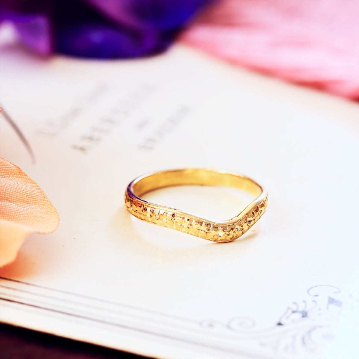 Hand Engraved Blossom Wave Shaped Wedding Band
