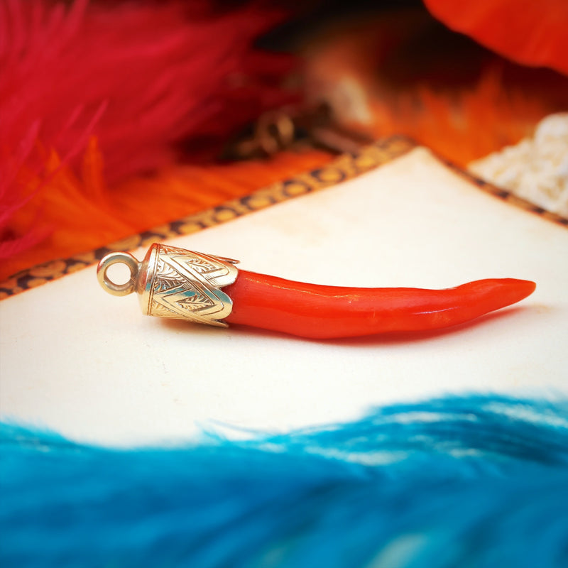 Antique Red Coral Cornicello Amulet