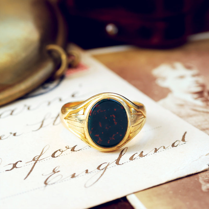 Antique Date 1883 Arts & Crafts Bloodstone Signet Ring