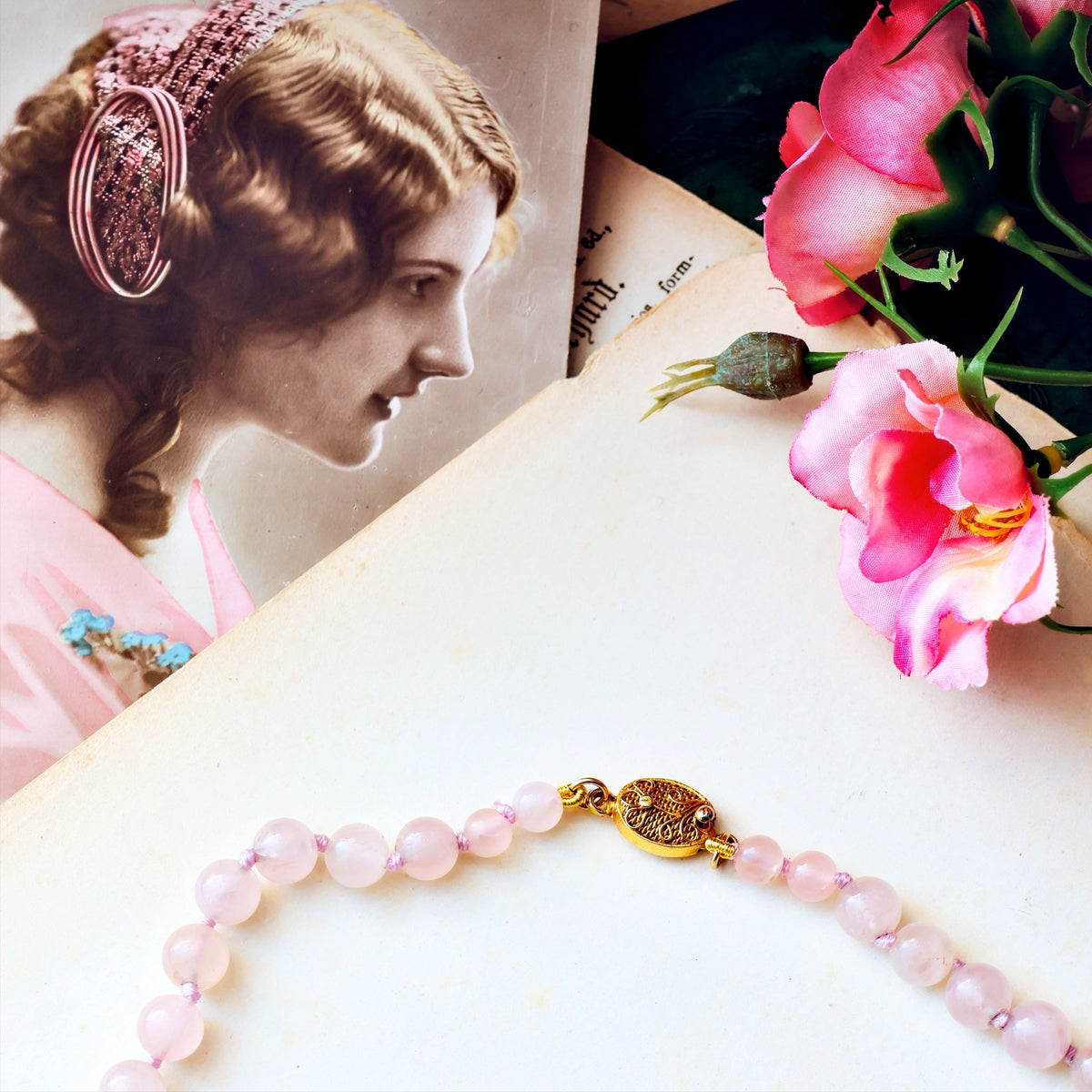 Vintage Chinese Export Rose Quartz Bead Necklace