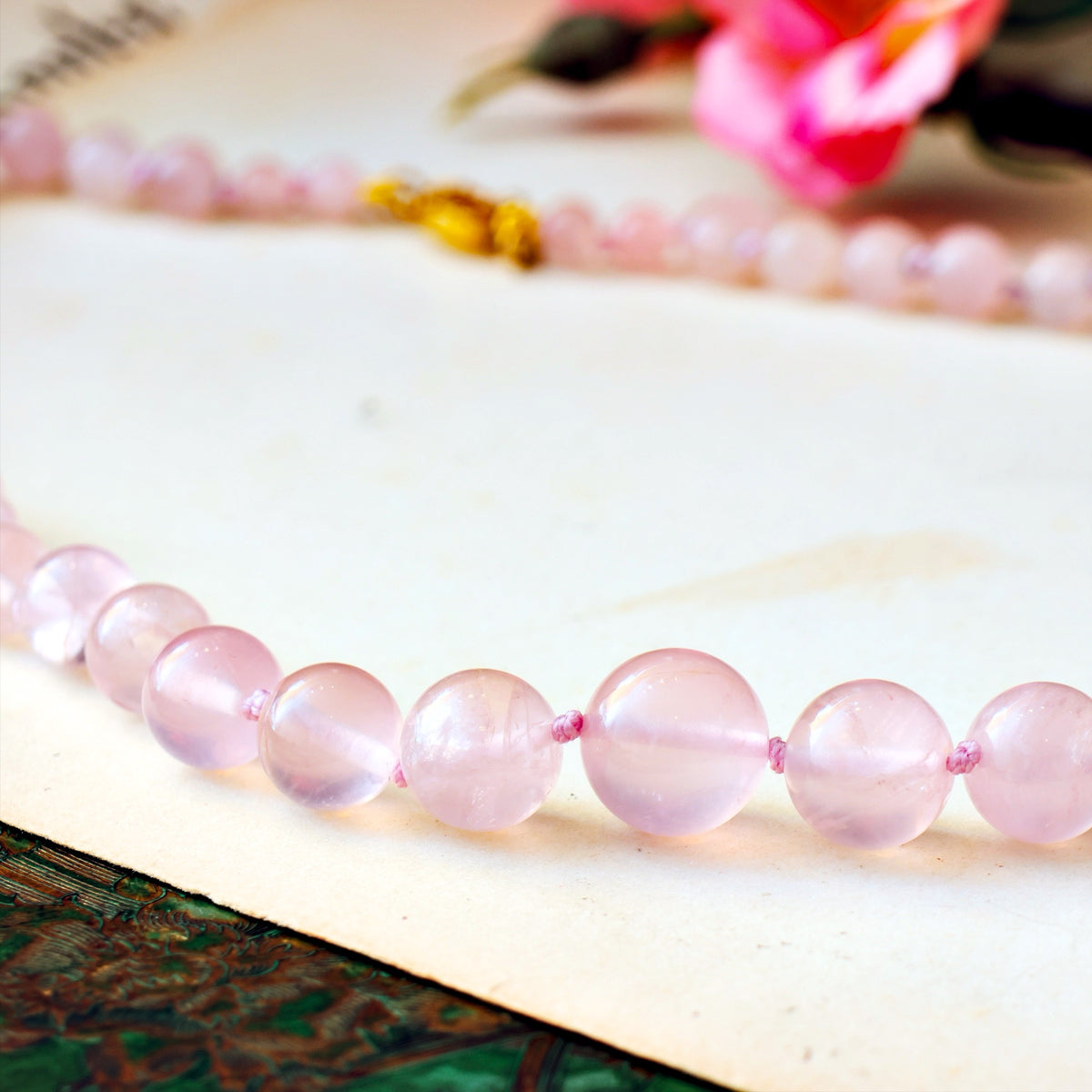 Vintage Chinese Export Rose Quartz Bead Necklace