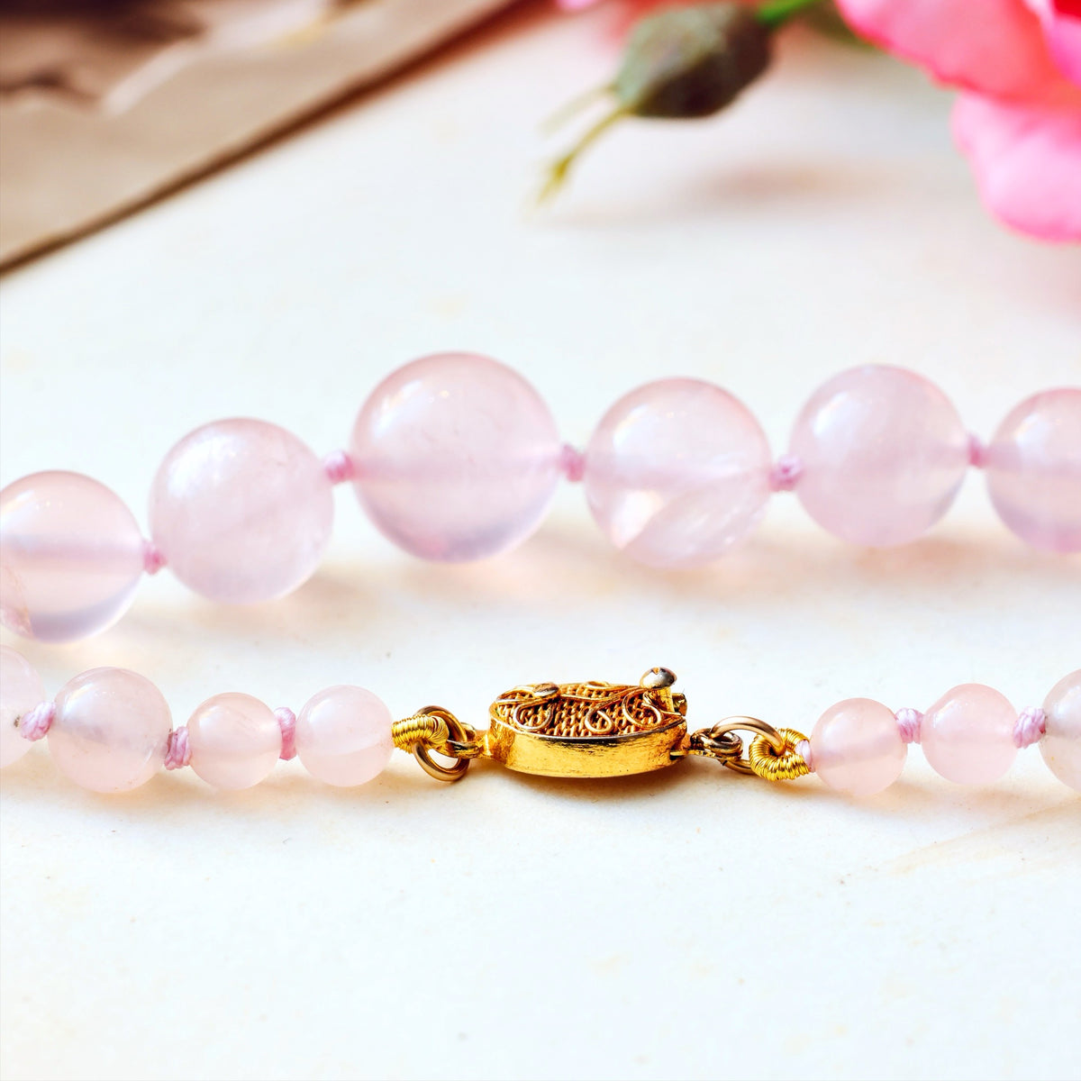 Vintage Chinese Export Rose Quartz Bead Necklace