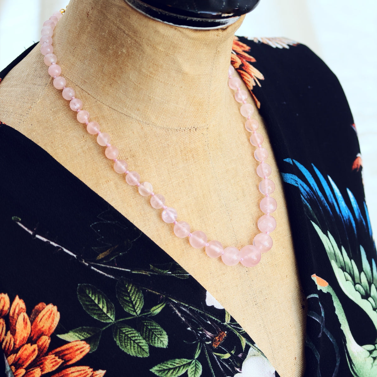 Vintage Chinese Export Rose Quartz Bead Necklace