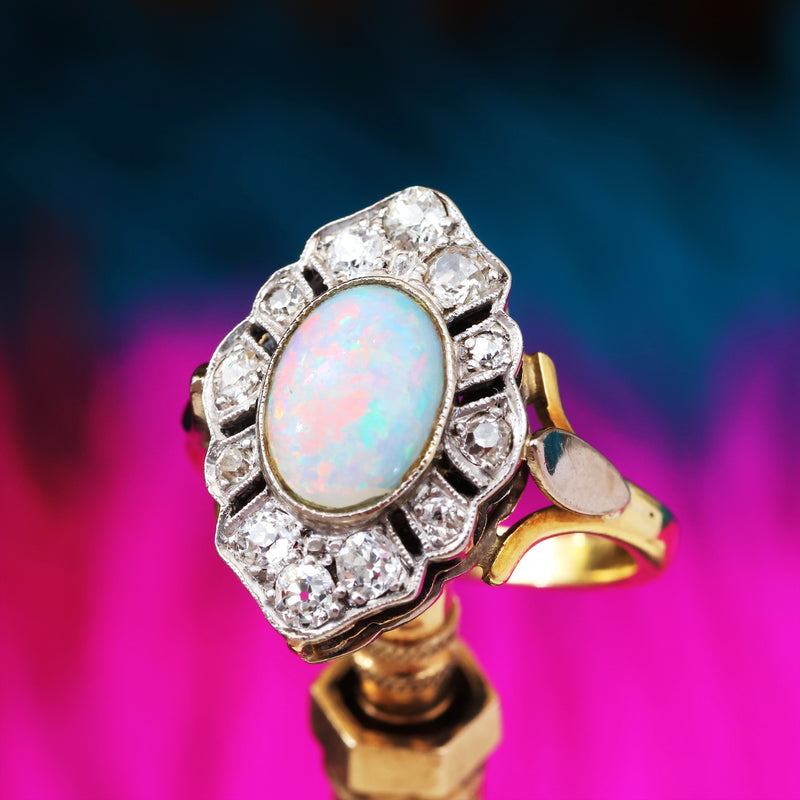 Rainbow Opal & Diamond Cluster Ring