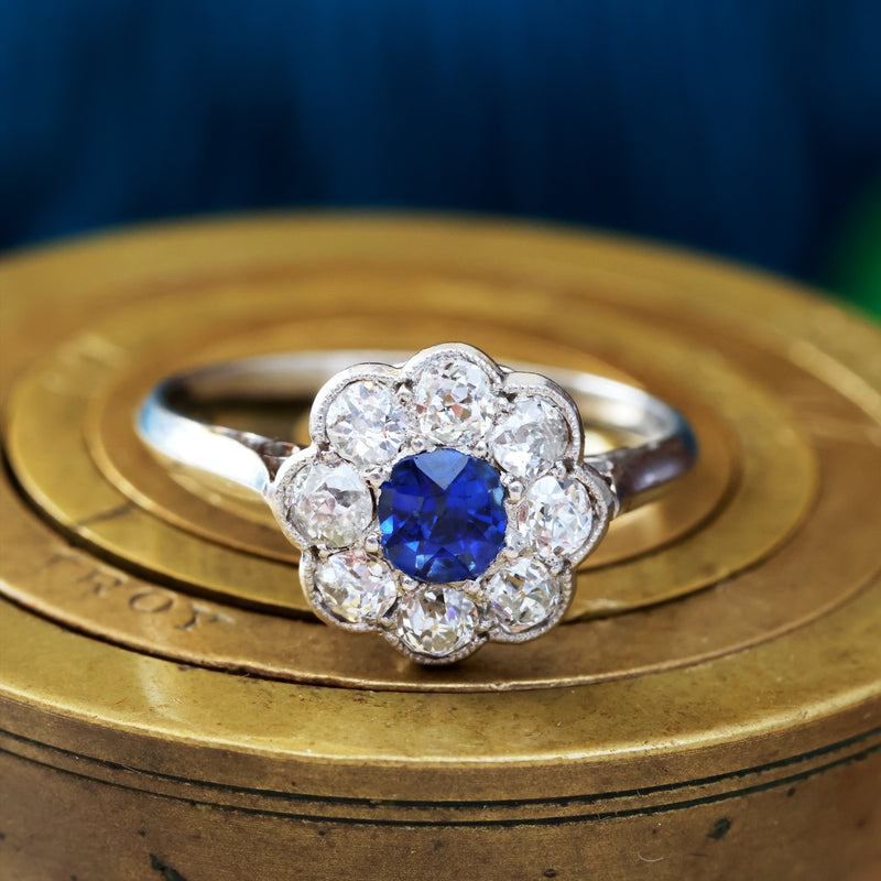 Vintage Platinum Sapphire & Diamond Flower Ring