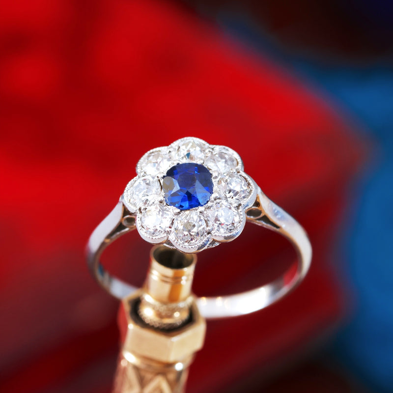 Finest Quality Vintage Platinum Sapphire & Diamond Flower Ring