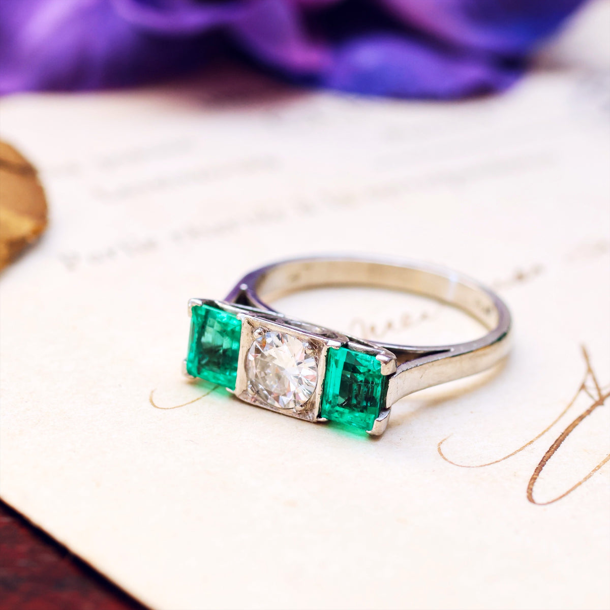 Vintage 1970's Modernist Emerald & Diamond Cocktail Ring