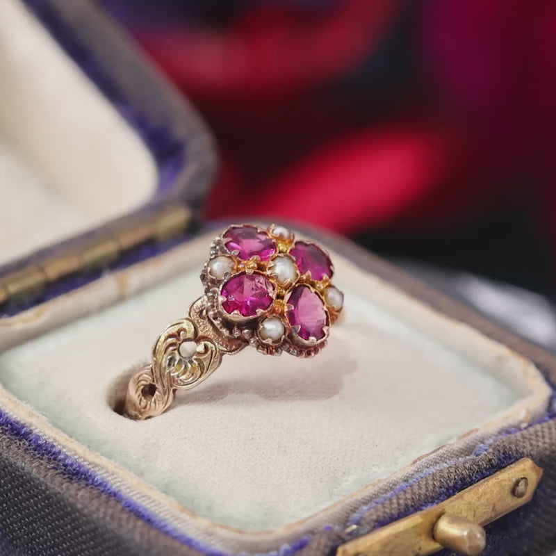 Antique Date 1880 Pink Garnet & Seed Pearl Ring