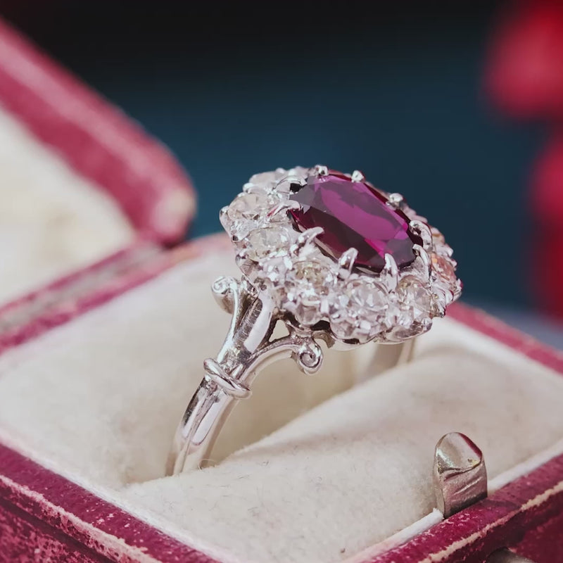 Vintage Deep Wine Ruby & Diamond Cluster Ring