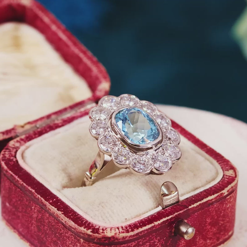 Vintage French Aquamarine & Diamond Cluster Cocktail Ring