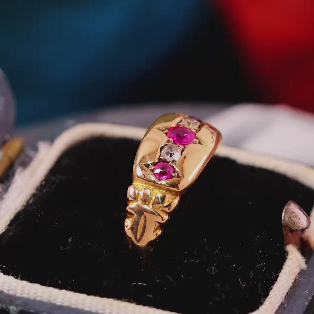 Antique Date 1915 18ct Gypsy Set Ruby & Diamond Ring