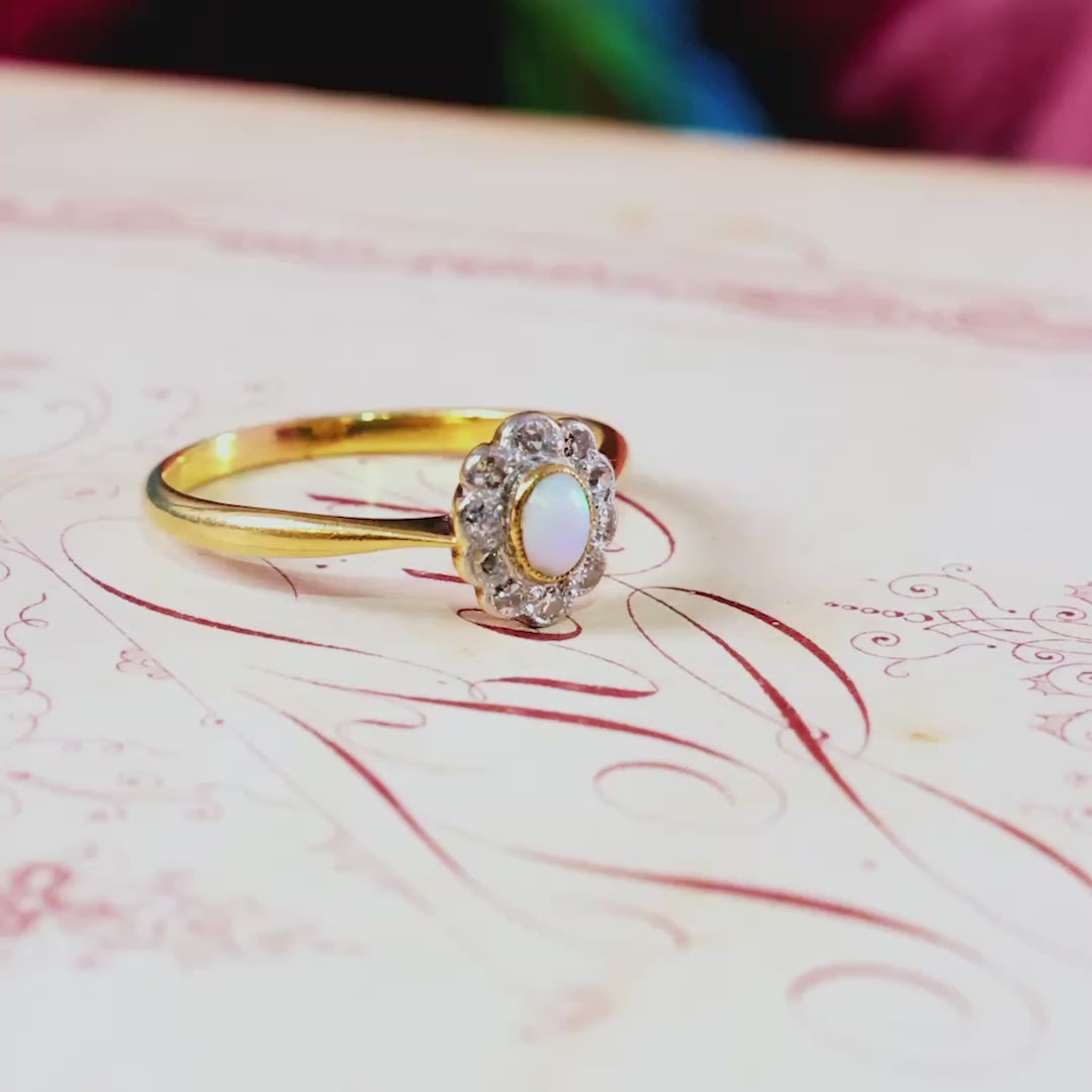 Vintage Opal & Diamond Blossom Cluster Ring