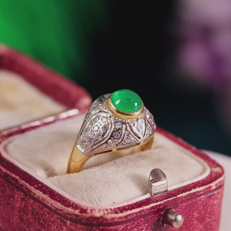 Vintage Deco Style Emerald & Diamond Boule Cocktail Ring