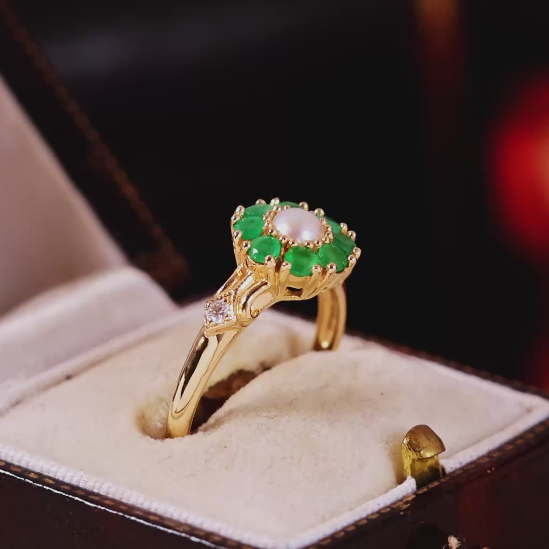 Vintage Emerald Pearl & Diamond Cluster Ring
