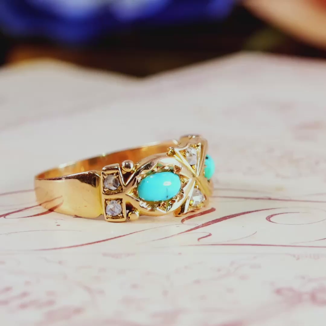 Fine Antique Victorian Persian Turquoise & Diamond Ring