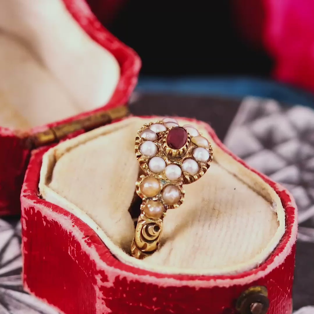 Antique Georgian Pearl & Garnet Flowerette Ring