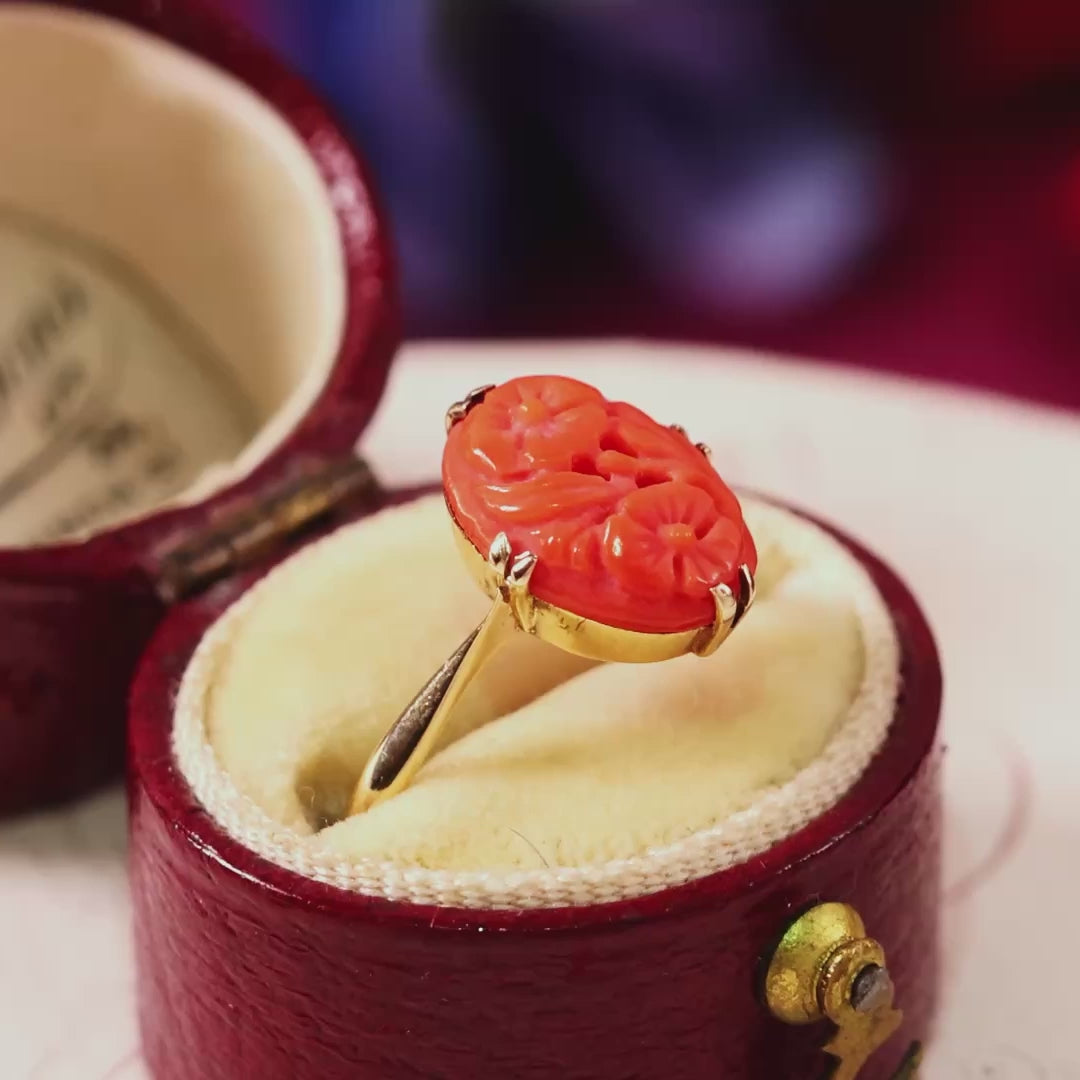 Cute Vintage Carved Peach Coral Ring