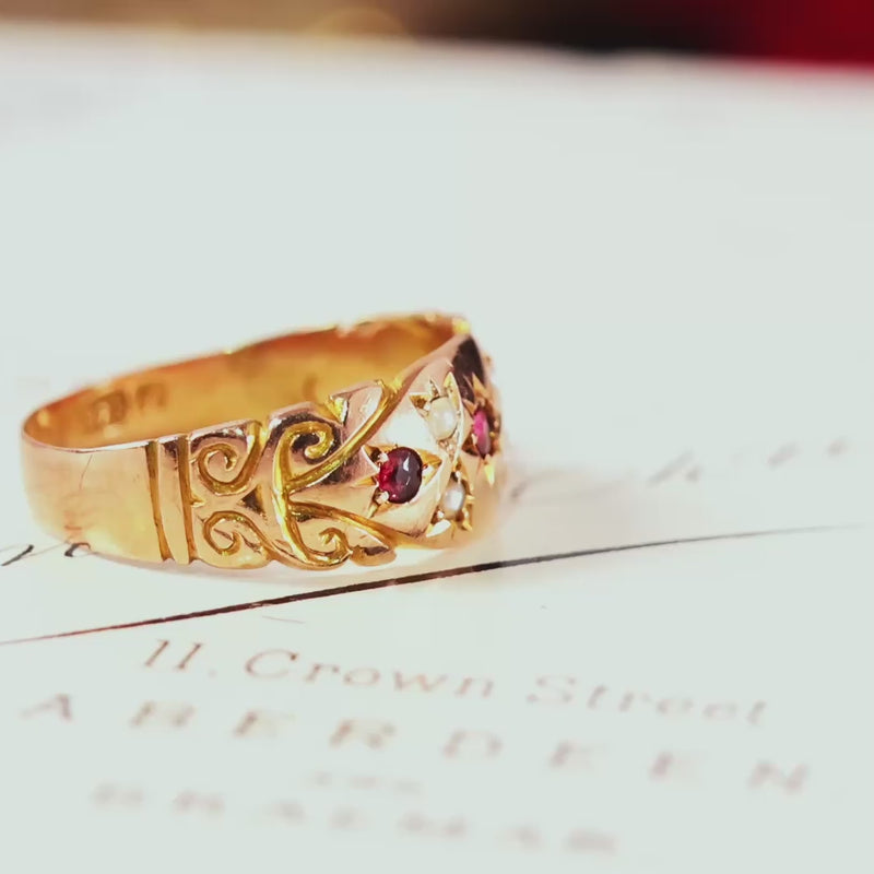 Antique Date 1911 Gypsy Set Ruby & Pearl Ring