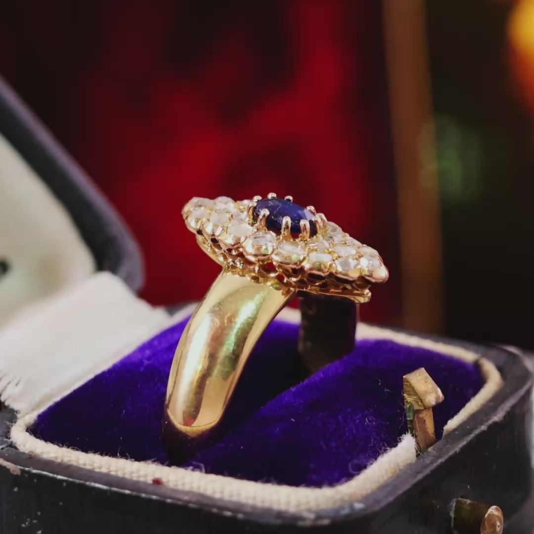 Delightful Deep Blue Sapphire & Diamond Cluster Ring
